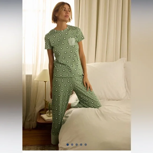 Lake Pajamas Pima Crew Wide Leg Pajama Set in Granite Green Cottage Floral - Picture 2 of 6